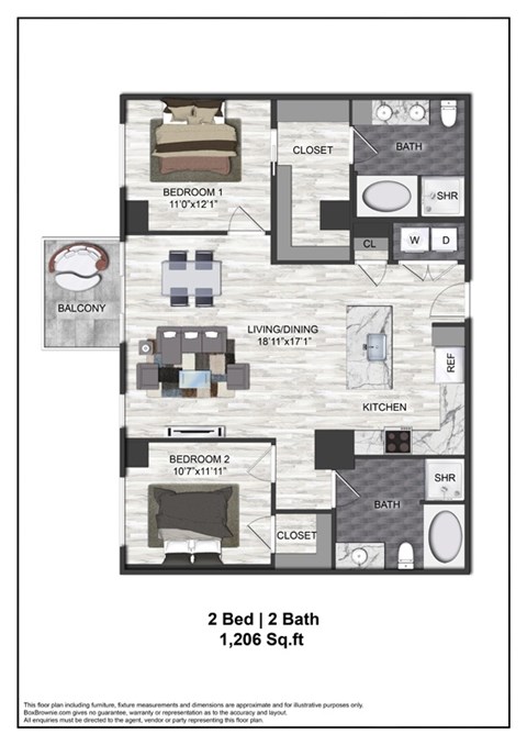 Floor plan for 2 beds, 2 baths, 1206 sqft